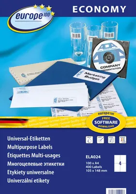 Zdjęcie produktu dla Avery ELA024, Biały, Samoprzylepne etykiety do drukowania, A4, 10,5 cm, 14,8 cm, 400 szt.