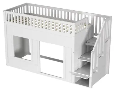 Obrázek produktu pro Dětská postel – 90 x 200 cm – masivní dřevo – integrované schůdky – prostor pod postelí lze využít i jinak – úsporný design – bílá barva