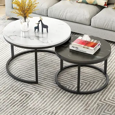 Produktbild von Couchtische 2in1, rund, laminierte Platte mit Marmormuster, schwarzes Metallgestell, Durchmesser 80 und 60 cm