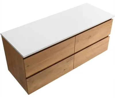 Productafbeelding van CERANO - Badkamerkast Carole - notenhoutkleur + wastafelblad van composietmarmer Elanys - 12 mm - mat wit - 160x49,2x46 cm