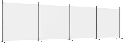 A long, white fabric screen is divided into four sections by vertical black poles, each supported by a tripod base.