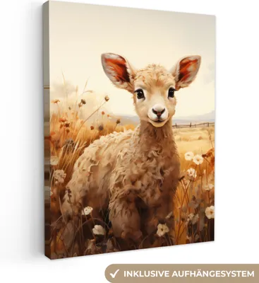 Produktbild von MuchoWow® - Leinwandbilder - Vintage - Schaf - Lamm - Blumen - Natur - Tiere, Wandbild, Wanddeko Bilder Wohnzimmer, 60x80 cm