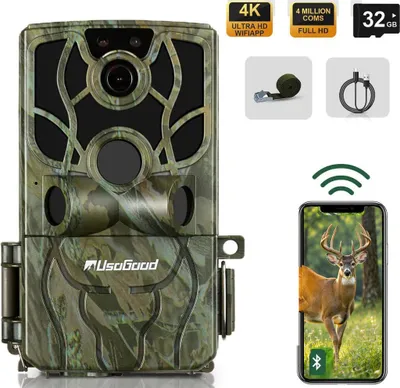 Produktbild von 4K WiFi Wildkamera mit App, IP66 wasserdichte Nachtsichtkamera, Jagdkamera mit Bewegungsmelder, Tierüberwachungskamera inkl. 32GB Speicherkarte