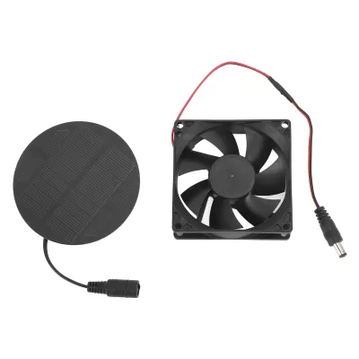 A solar panel and a fan are shown against a white background.