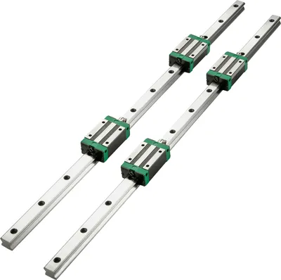 Two linear guide rails with sliders on a white background.