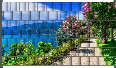 Produktbild von Wallario Zaunsichtschutz mit Motiv Blütenpromenade am Seeufer für Ein- und Doppelstabmatten Zäune in der Größe 250 x 140 cm
