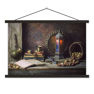 Produktbild von MuchoWow® Textilposter Buch - Stilleben - Walnuss - Laterne - Vintage 90x60 cm mit schwarzem Rahmen - Aufhängungssatz