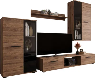 Produktbild von MIRJAN24 Wohnwand Salsa, Mediawand, Wohnzimmer-Set, Anbauwand, Vitrinen mit Glasböden (Farbe: Nuss Okapi, ohne Beleuchtung)