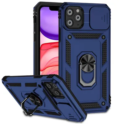 Immagine prodotto di Custodia per iPhone 11 Pro Max a doppio strato con copertura scorrevole della fotocamera e supporto ad anello blu