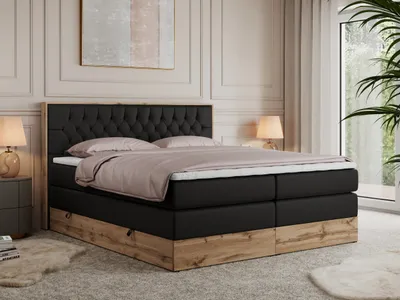 Produktbild von MKS MEBLE King Boxspringbett 160x200 mit Bettkasten Eiche, Polsterbett 160x200 mit Matratze H3, Bett 160x200 mit Kopfteil, Bett mit Holzrahmen in Wotan Eiche - Schwarz Kunstleder - Amore King