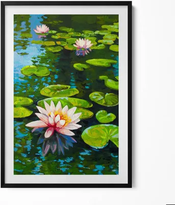 Produktbild von Seerosengemälde– Wandbild mit Rahmen – Gerahmtes Bild  – Wanddekoration – 70x100 cm –  Schwarz Rahmen