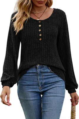 Produktbild von ASKSA Damen Langarmshirt Rundhals Knoepfen Rippstrick Strickpullover Oberteile Tunika Tops Pullover, Schwarz, S