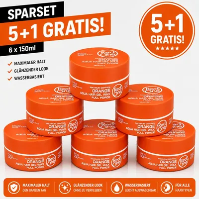 Produktbild von Red One Orange Aqua Gel Wax 6er Pack – 6 Stück je 150ml Aqua Hair Gel Wax Vorratspack für starken Halt, Wet Look, Glanz, Barber Style, Herren Frisur, kurze Haare, Friseurbedarf & Alltag