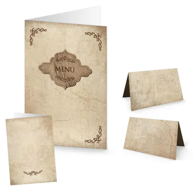 Produktbild von 35 Teile Tisch-Deko Set: 10 Menükarten + 25 Tischkarten Platzkarten hell-braun beige natur vintage Nostalgie für 25 Gäste alter Look Namenskarten Hochzeit Geburtstag Weihnachten festlich edel