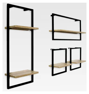 Produktbild von 4-teiliges Wandregal Set in Schwarz mit Holzoptik aus hochwertigem MDF und Stahlbefestigungen für ein schwebendes Regal im Industrial-Stil