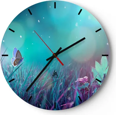 Produktbild von Wanduhr - Rund - Glasuhr - Schmetterling Wiese Blume - 40x40cm - Schleichendes Uhrwerk - Lautlos - zum Aufhängen bereit - Dekoration Modern - Wanddekoration aus Glas - C3AR40x40-4077