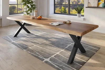 Produktbild von Baumkantentisch 300 x 120 cm Esstisch massiv Akazie Natur X-Gestell Schwarz TITAN