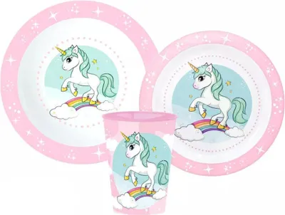 Produktbild von Einhorn Unicorn Kinder Geschirr-Set 3 tlg Becher Teller Schüssel