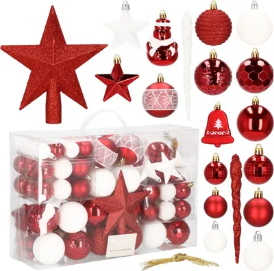 Produktbild von Weihnachtskugeln Christbaumkugeln Weihnachtsbaum Kugeln 104 Stück Dekoration - Rot / Weiß