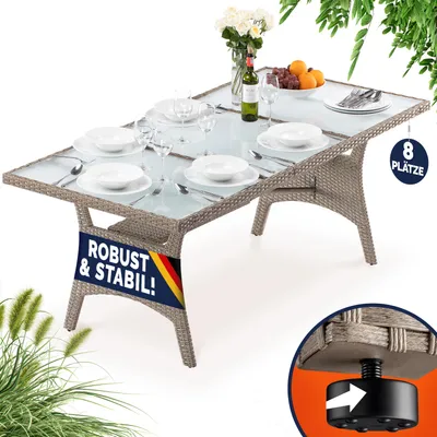 Immagine prodotto di Casaria Tavolo da Giardino in Polyrattan 190x90x74cm con Ripiano in Vetro Altezza Regolabile da Pranzo per Terrazza Esterno
