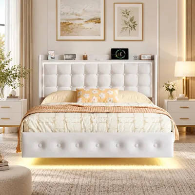 Immagine prodotto di Letto imbottito INONEFT, 160x200 cm, letto per ragazzi con illuminazione LED, rete a doghe e testiera. Struttura del letto sospesa, con 1 porta USB-C e 2 porte USB-A. Tessuto: velluto, colore: beige