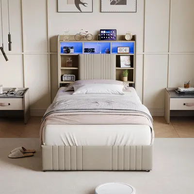 Immagine prodotto di Letto singolo ProximaX 90x200 cm beige con 2 cassetti, testiera con illuminazione a LED, stazione di ricarica e vano portaoggetti, rivestimento in lino per camera da letto