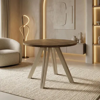 Produktbild von Runder Esstisch Ausziehbar 100–140 cm mit Holzbeinen aus Buchenholz in Kaschmir – Moderner Ausziehtisch für Esszimmer, Küche und Wohnzimmer – Tisch für 4–8 Personen – Eiche Braun Rustikal