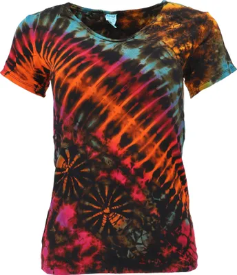 Produktbild von Batik Hippie T-Shirt mit V-Auschnitt, Unikat Boho Batikshirt - Schwarz, Damen, Mehrfarbig, Viskose,Elasthan, Tops & T-Shirts