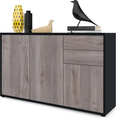 Produktbild von Vladon Sideboard Ben V3, Kommode mit 3 Türen und 2 Schubladen, Schwarz matt/Eiche Nordic (117 x 74 x 36 cm)