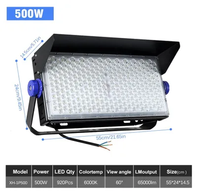 Obrázek produktu pro LED reflektor – stadionové osvětlení, 500 W, 6000K (studená bílá), úhel svícení 60°, stupeň krytí IP65 (vodotěsný), 220 V AC, nastavitelné držáky