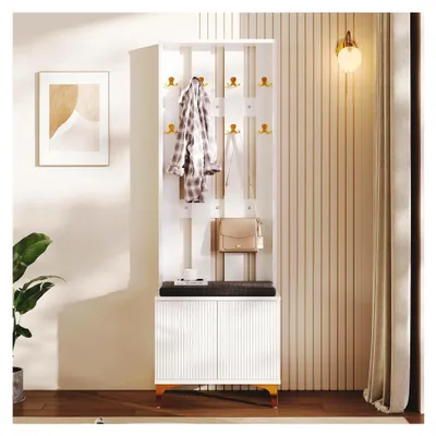Produktbild von Garderobenset mit Schuhschrank, Spiegel und Sitzbank - Kompakte Flurgarderobe für kleine Räume, Push-to-Open mit Schallschutz in Weiß und Gold, 180,5 cm