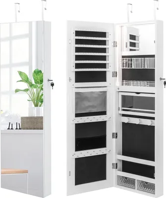 Obrázek produktu pro COSTWAY Skříňka na šperky se zrcadlem po celé délce, vestavěné kosmetické zrcátko a 3barevné LED osvětlení, zrcadlová skříňka na šperky, na prsteny, řetízky, náušnice, montáž na stěnu / dveře (bílá)