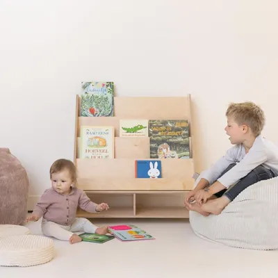 Obrázek produktu pro Dřevěná Montessori knihovna – přírodní barva – 2 úložné prostory