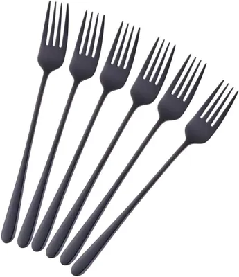 Produktbild von 6 schwarze Tafelgabeln aus Edelstahl mit langem Griff, 21,3 cm, koreanisches Besteckset für Steakfleisch