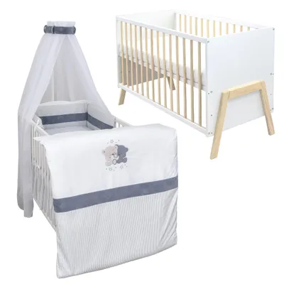 Produktbild von Babybett Kinderbett Gitterbett Juna 60x120 Weiß Schutzgitter Matratze Bettwäsche Set 10tlg Loving Bears