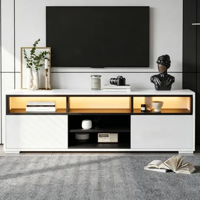 Produktbild von Merax Hochglanz TV Lowboard mit LED-Beleuchtung und Stauraum, TV-Schrank mit 2 Türen und 8 Fächern, TV Board für Fernseher bis 65 Zoll, Weiß