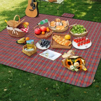 Productafbeelding van Picknickdeken, 200 x 200 cm, waterdicht, opvouwbaar, rood met strepen