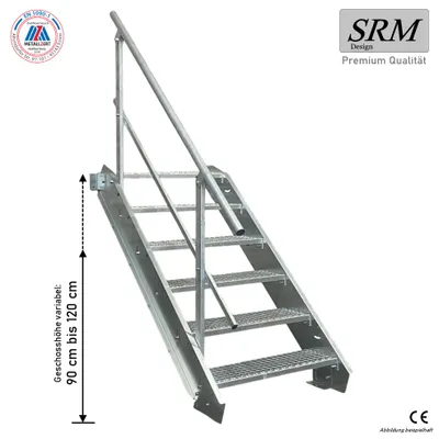 Produktbild von 6 Stufen Stahltreppe einseitig. Geländer Breite 80cm Geschosshöhe 90-120cm
