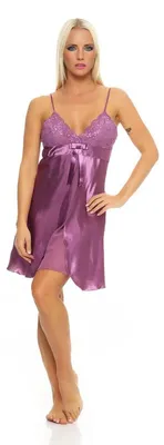 Produktbild von Damen kurzes Satin Negligé Nachtkleid Reizwäsche mit Spitze; Heide/S