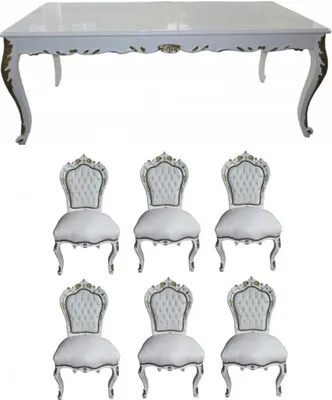 Produktbild von Casa Padrino Barock Esszimmer Set Weiß / Weiß / Gold - Esstisch + 6 Stühle - Möbel Antik Stil
