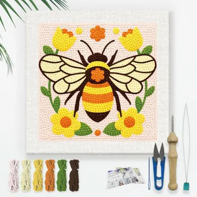 Produktbild von Punch Needle Set für Anfänger, 24x24cm, Bienen & Blumen Motiv, DIY Stick-Starterset mit Anleitung
