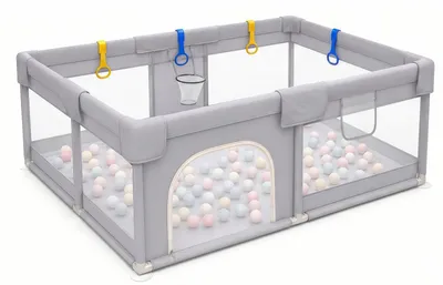 Produktbild von Baby Laufstall 150x180 cm, Laufgitter Krabbelgitter Oxford rutschfest mit Basketballkorb, 60 Bällen und 4 Zugringen, Edelstahl, Grau