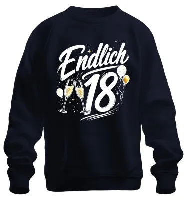 Immagine prodotto di Finalmente 18 anni. Maglietta con scritta "Compleanno, maggiorenne", stile sarcastico. Felpa, colore blu navy, taglia M