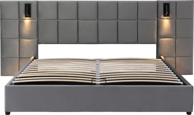 Produktbild von Polsterbett mit richtungsabhängige Lampe und USB-Aufladung Erwachsenenbett Doppelt Ohne Nachttisch 160*200cm Grau