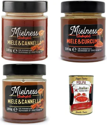 Produktbild von Testpaket Ambrosoli Mielnsess Miele e Zenzero,Curcuma und Cannella Honig und Ingwer, Kurkuma und Zimt , 3x 180g + italian Gourmet polpa 400g