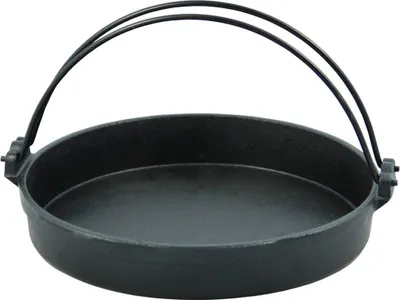 A black cast iron shabu shabu pot with a wire handle is shown against a white background.