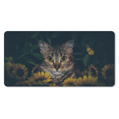 Produktbild von MuchoWow® Schreibtischunterlage Katze - Gelb - Blumen - Botanisch 80x40 cm - XXL Mauspad - Gaming Mauspad