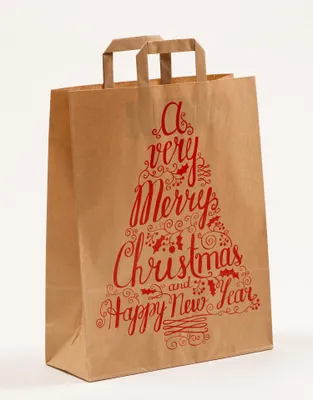 Produktbild von Papiertragetasche mit Flachhenkel "Merry Christmas", 32 + 12 x 40 cm, 50 Stück