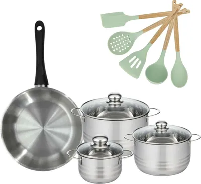 Image de Batterie de cuisine avec 3 faitouts 16/20/24 cm et 1 poêle 28 cm avec 5 ustensiles de cuisine Fackelmann Généva Brillant Ocean