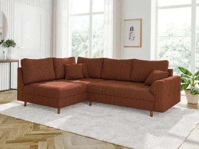 Produktbild von S-STYLE MÖBEL - Kai - Ecksofa mit Braun Holzfüßen im skandinavischen Stil aus Terrakotta Cord-Stoff, Ottomane Links